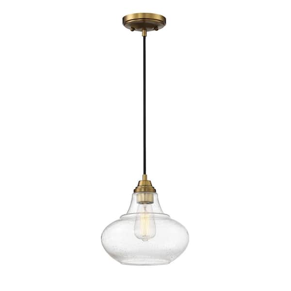 Savoy House Meridian 10 in. W x 10 in. H 1-Light Natural Brass Pendant with Clear Seeded Glass Shade