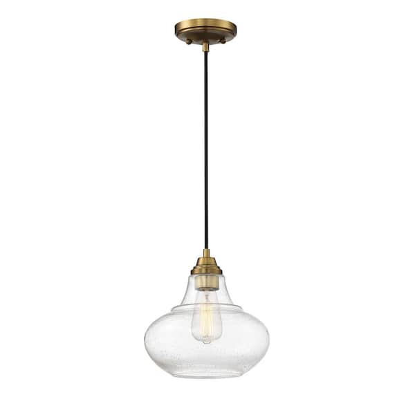 TUXEDO PARK LIGHTING 10 in. W x 10 in. H 1-Light Natural Brass Pendant Light with Clear Seeded Glass Shade