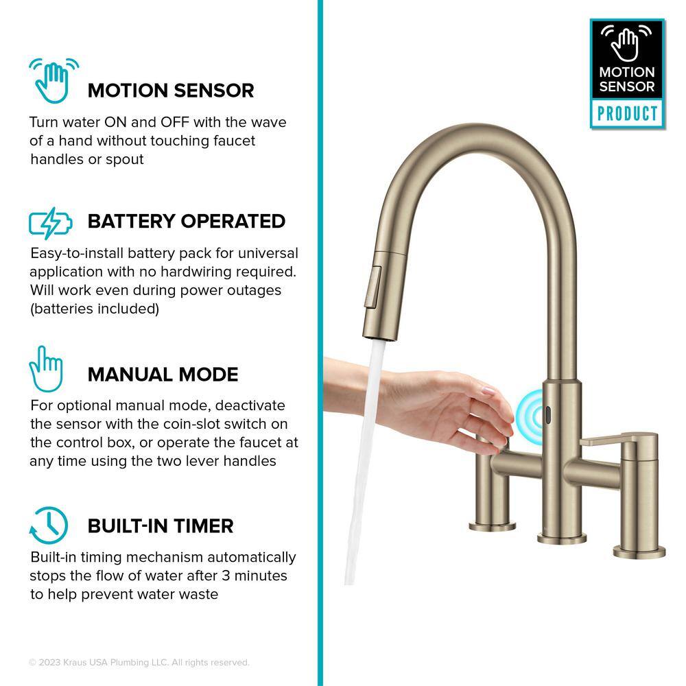 Antique Bronze Touchless Sensor Bridge Kitchen Faucet with Pull-Down Sprayhead