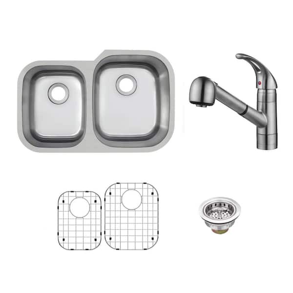 31.5 in. Undermount 40/60 Double Bowl 18-Gauge Stainless Steel Kitchen Sink with Pull-Out Brushed Nickel Kitchen Faucet