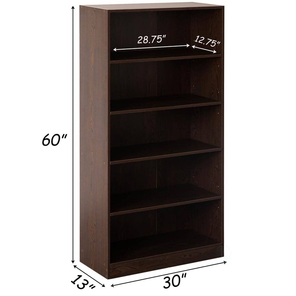 60" Tall Dark Brown Wooden Adjustable 5-Shelf Freestanding Bookcase