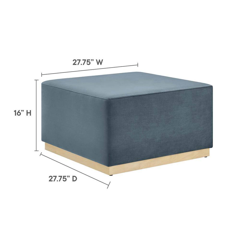 Cadet Blue Velvet Upholstered Square Ottoman with Rubberwood Base