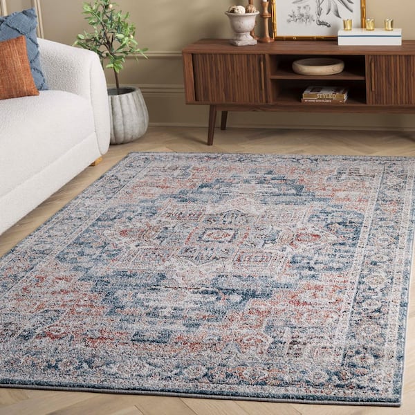 Vintage Tabriz 9 ft. x 12 ft. Blue/Rust Distressed Aztec Medallion Area Rug