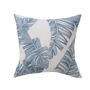 Willa Coastal Palm Leaf Cotton Throw Pillow, Blue/Ivory, 20 in. x 20 in. Polyfill Insert