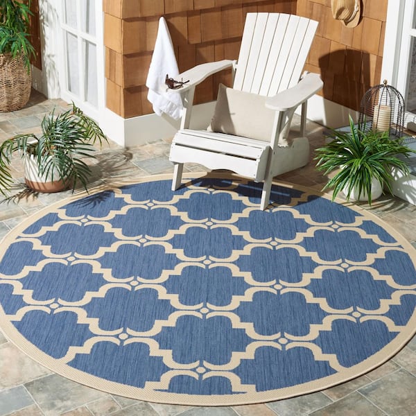 Courtyard Blue/Beige 8 ft. x 8 ft. Border Trellis Indoor/Outdoor Round Area Rug