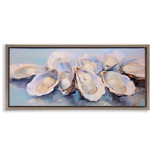 Aquatic Oyster Bunch by Arlington Prints Brown Floater Frame Coastal Graphic Art Print 14 in. x 31 in.