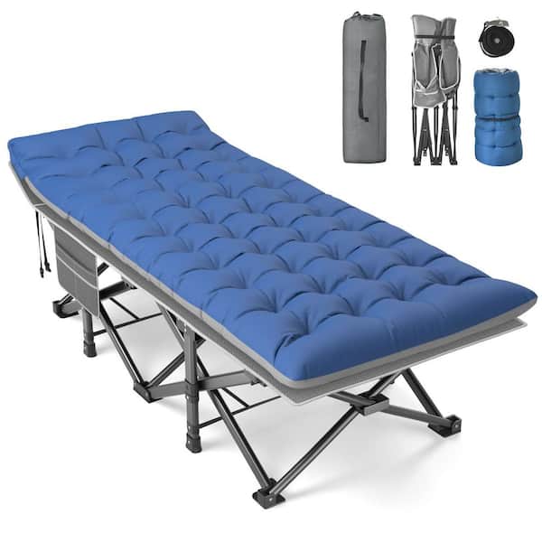 SEEUTEK Trigg 31.5 in. Outdoor Folding Cots for Camp with Carry Bag Portable Sleeping Camping Cot, Gray Bed+Blue Gray Pad