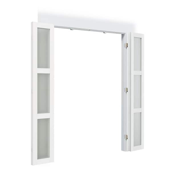 TENONER 72 in. x 80 in. 3-Lite, Frosted Glass, Solid Core, MDF, PVC Covering Compack 180 Bi-Fold Door with Hardware Kits