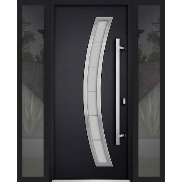 VDOMDOORS 64 in. x 80 in. Left-hand/Inswing Frosted Glass Black Enamel Steel Prehung Front Door with Hardware