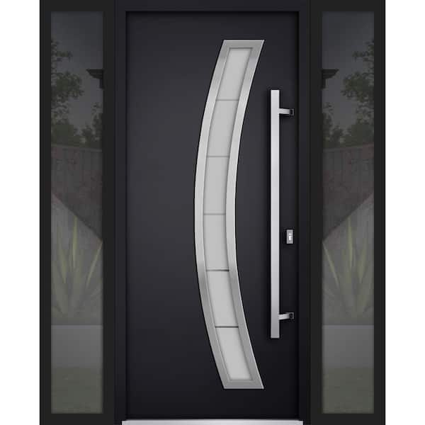 VDOMDOORS 68 in. x 80 in. Left-hand/Inswing Frosted Glass Black Enamel Steel Prehung Front Door with Hardware