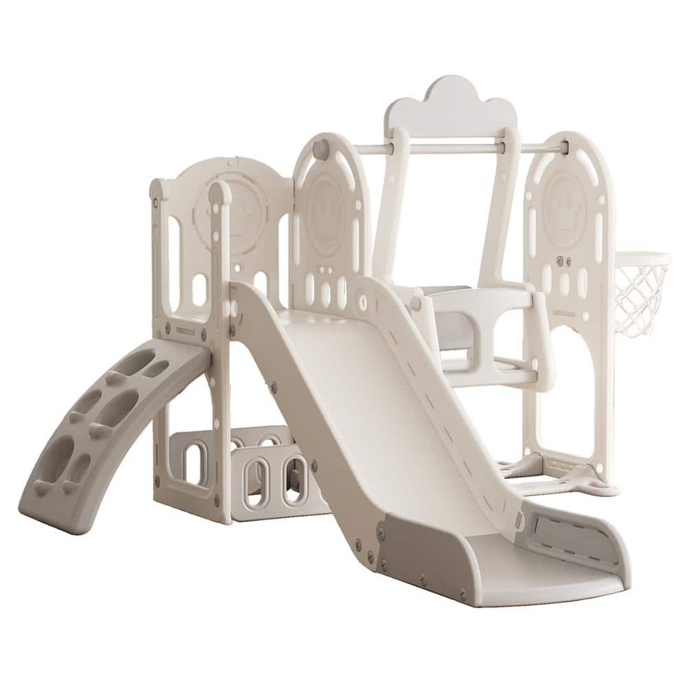 Gray and Ivory HDPE Indoor and Outdoor Baby Slide Playset with Swing, Baske