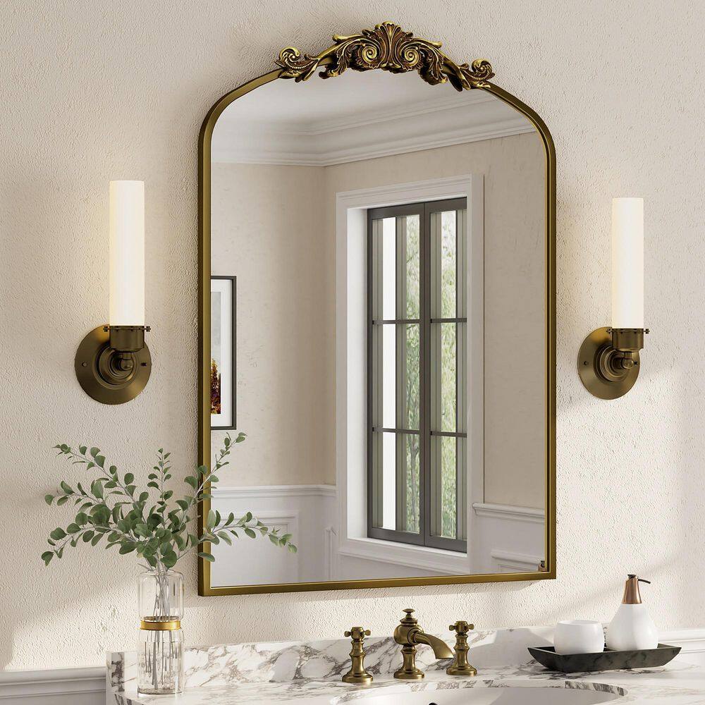 28 in. W x 40 in. H Arch Aluminum Alloy Framed French Cleat Mounted Baroque Wall Decor Bathroom Vanity Mirror in Gold price history on PriceWatchPro
