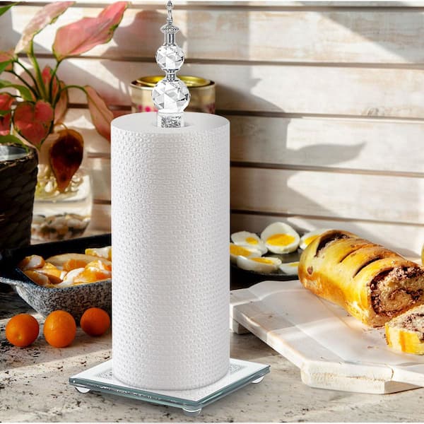 Crystal Paper Towel Holder with Weighted Base, Bling Silver Vertical Design for Kitchen and Bathroom Countertops