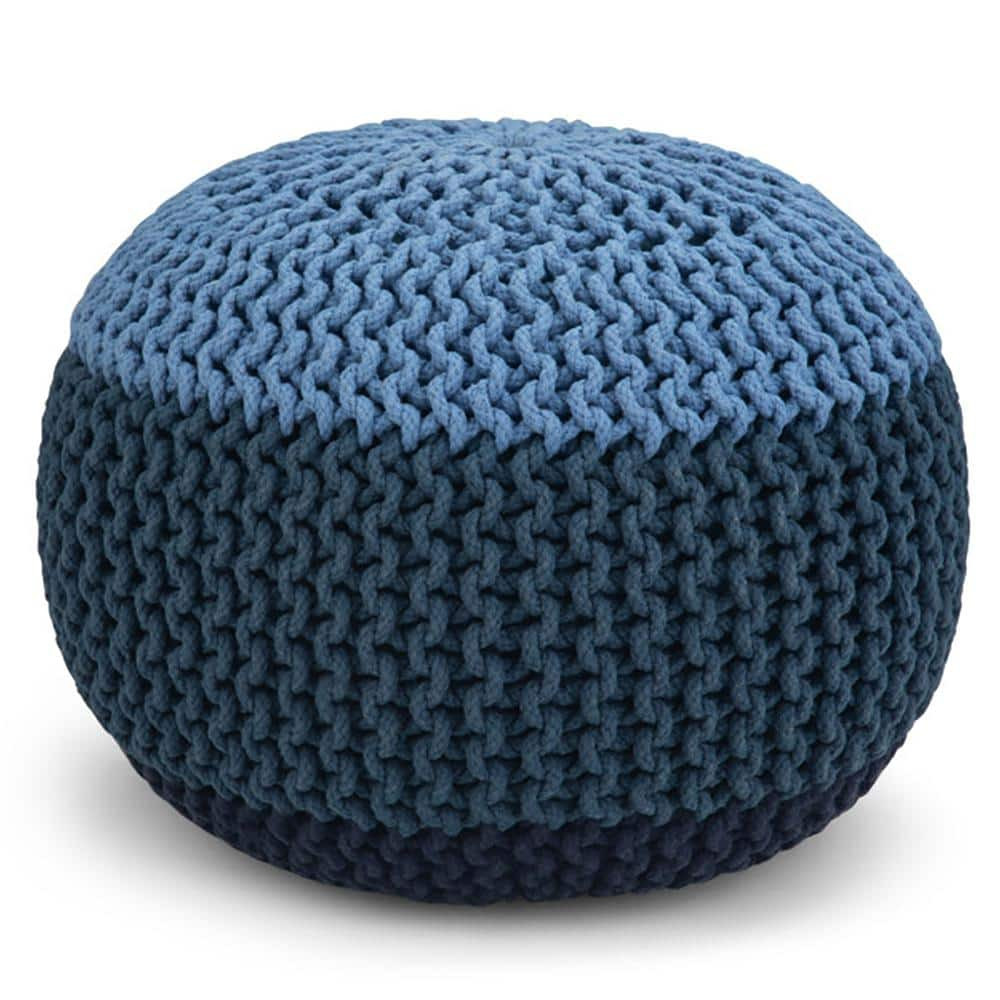 Simpli Home Nikki Boho Round Hand Knit Pouf in Blue, Navy Blue Cotton ...