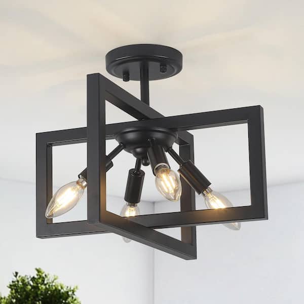 ZJVAIVE 14.5 in. 4-Light Geometric Black Modern Semi-Flush Mount Ceiling Light with No Bulbs Included