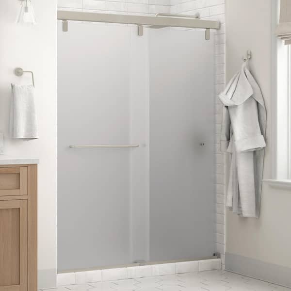 Delta Simplicity Mod 50-1/8 to 58-1/2 in. W x 71-1/2 in. H Soft-Close Frameless Sliding Shower Door, Nickel, Frosted Glass