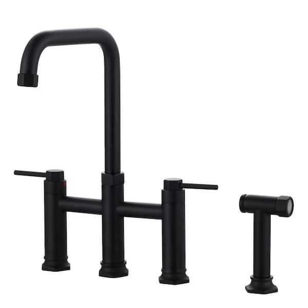 WOWOW Brass Double Handle Bridge Kitchen Faucet with Side Sprayer in Matte Black