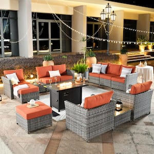 Prosperine Gray 13-Piece Wicker Outerdoor Patio Rectangular Fire Pit Sectional Seating Set with Orange Red Cushions