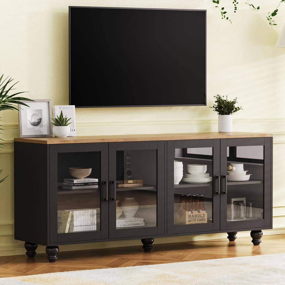 Clihome Black Farmhouse TV Stand with Tempered Glass Doors for TVs Up ...