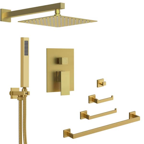 Pressure Balance 2-Spray 10in. Dual Wall Mount Fixed and Handheld Shower Head 2.5GPM with Towel Rack Set in Brushed Gold