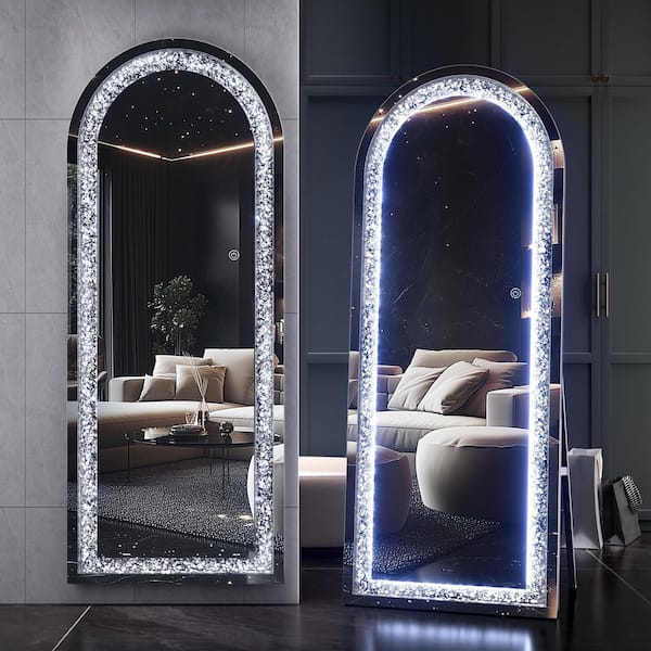 Hasipu Black 22 in. W x 63 in. H LED Light Arch Full Length Mirror with Crystal Crush Diamond Free Standing Floor Mirror