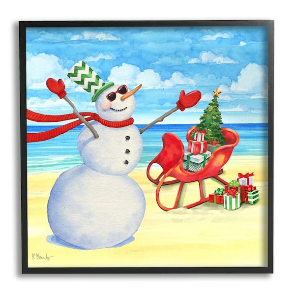 Stupell Industries Snowman on Beach Scene by Paul Brent 1-Piece Framed Graphic Print Nature Poster Art Print 24 in. x 24 in.