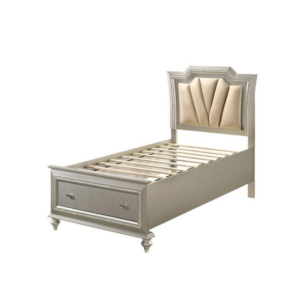 Gold Wood Frame Full Size Panel Bed with Padded Headboard