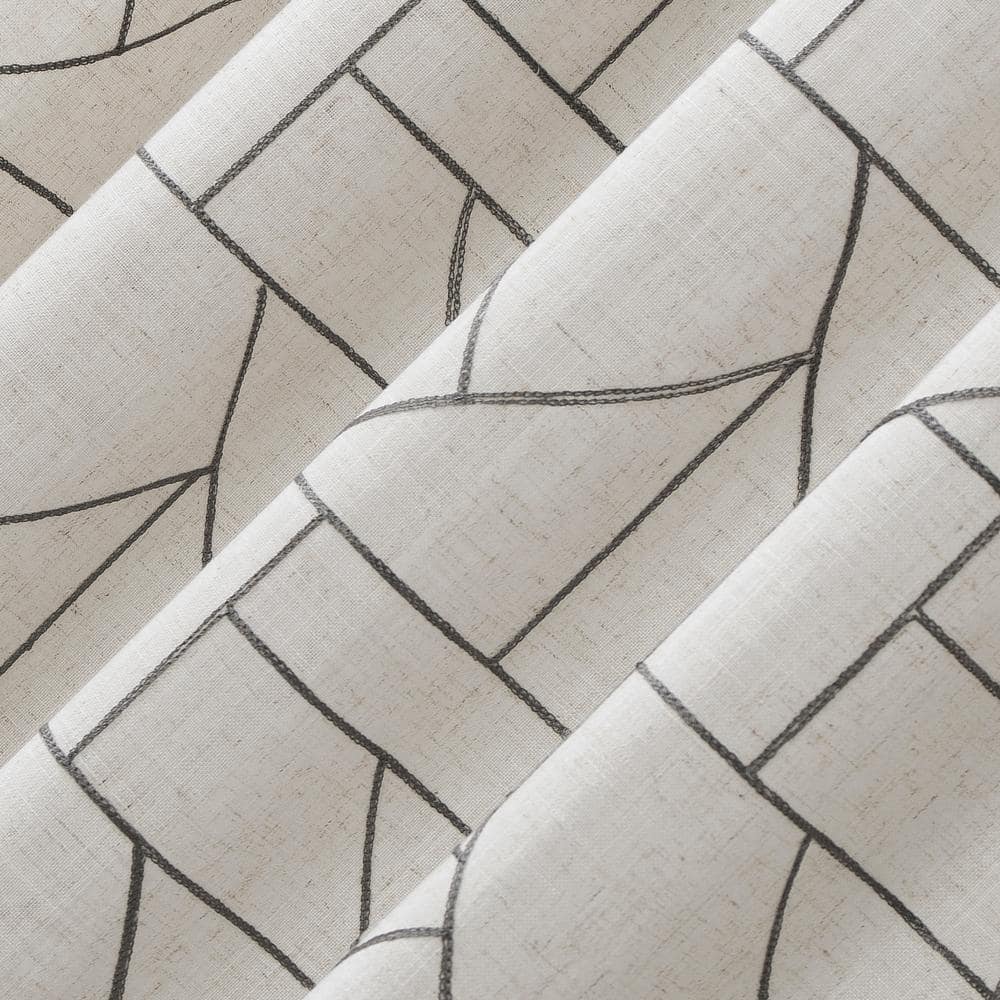 Gray Linen Blend Geometric Embroidered Light-Filtering Curtain Panel