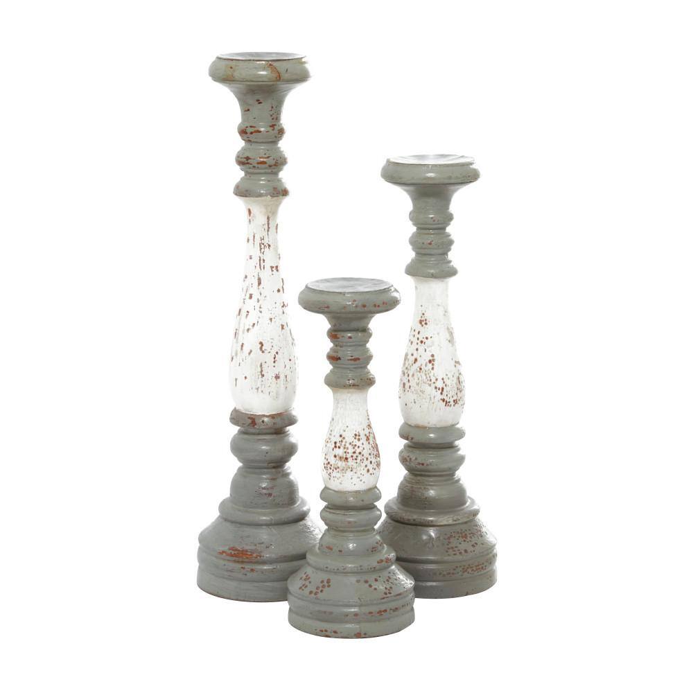 Gray and White Distressed Wood Pillar Candle Holders, Set of 3