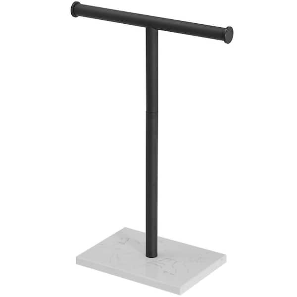 BWE Freestanding Tower Bar With Natural Marble Base T-Shape Towel Rack For Bathroom Vanity Countertop in Matte Black