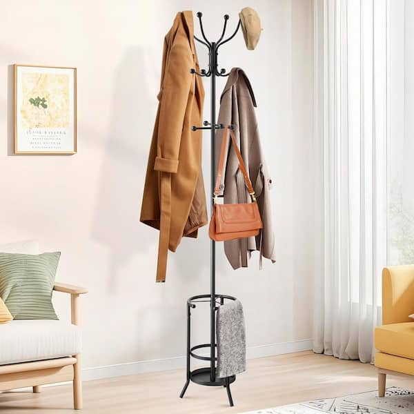 Freestanding Coat Rack Black Metal Umbrella Stand with 12-Hooks Multi Height Space Saving for Entryway Bedroom
