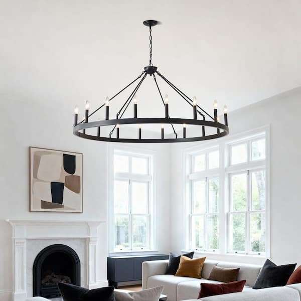 53.15 in. 18-Light Matte Black Wagon Wheel Chandelier Iron Ceiling Light for Living Room