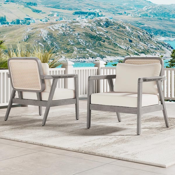 Unbranded Light Gray Acacia Wood Outdoor Chaise Lounge, Patio Club Chair with Cream Waterproof Thick Cushion (Set of 2)