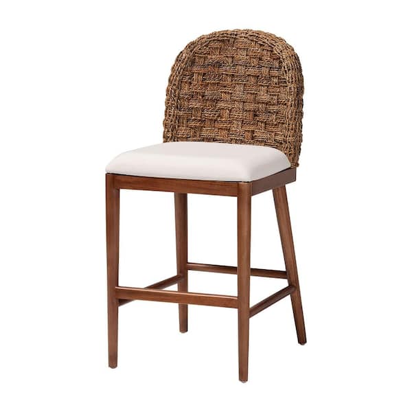 Denver 23 in. White and Walnut Brown Wood Counter Stool with Woven Seagrass