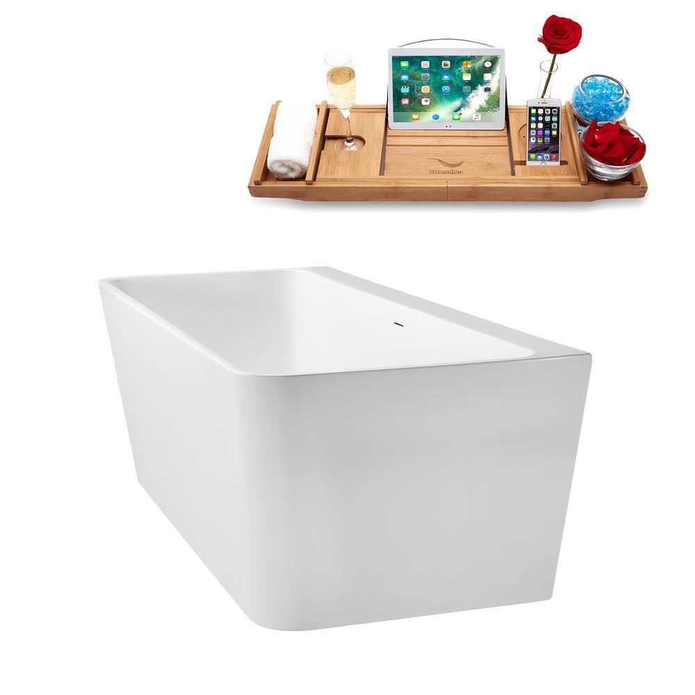 67" Glossy White Acrylic Freestanding Soaking Tub with Bamboo Tray