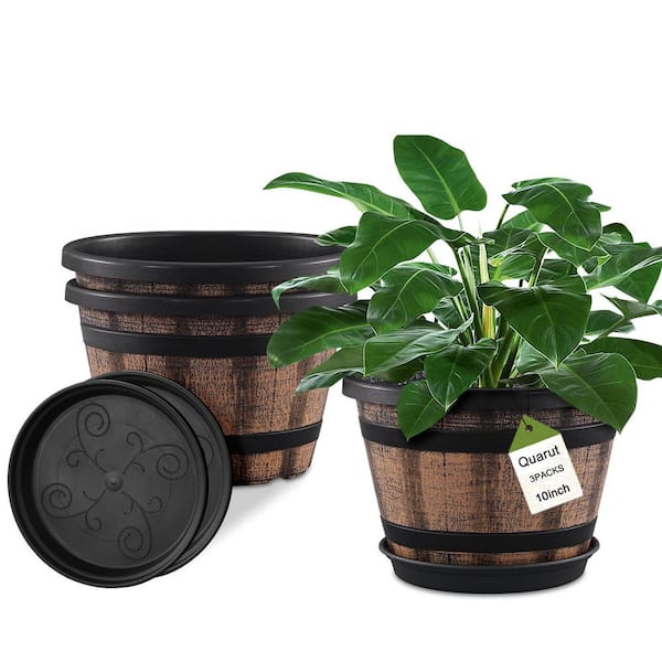 6.5 in. x 7 in. Brown Barrel Planters Pots with Drainage Holes and Saucer Indoor and Outdoor Garden Home Plants Set of 4