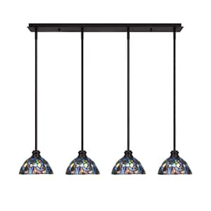 Albany 60-Watt 4-Light Espresso Linear Pendant Light with Blue Mosaic Art Glass Shades and No Bulbs Included