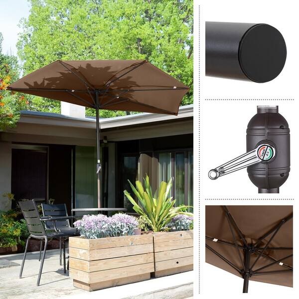 9 ft. Steel Half Round Patio Market Umbrella with Hand Crank Lift in Brown