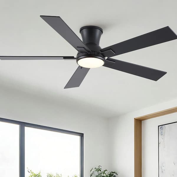Modern 52 in. Black 5 Blades Flush Mount Standard Ceiling Fan with LED Light and Remote Included