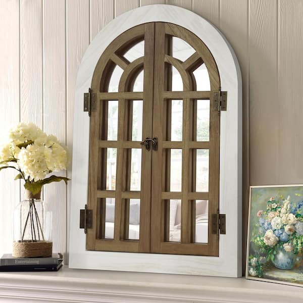 Hochwertiges 20 in. W x 30 in. H Farmhouse Arched Mixed-Color Wood Framed Windowpane Wall Mirror