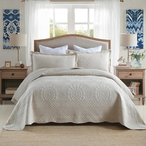 TF Elegant Beige Embroidery Queen Size Cotton Lightweight Quilt Bedspread Set