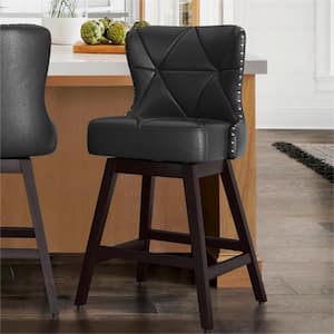 Hampton 26 in. Black Solid Wood Frame Counter Stool with Back Faux Leather Upholstered Swivel Bar Stool Set of 1