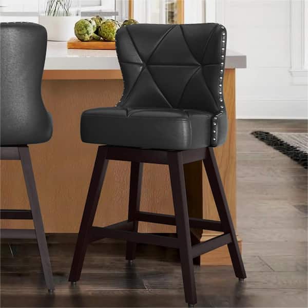 OrangeOne Hampton 26 in. Black Solid Wood Frame Counter Stool with Back Faux Leather Upholstered Swivel Bar Stool Set of 1