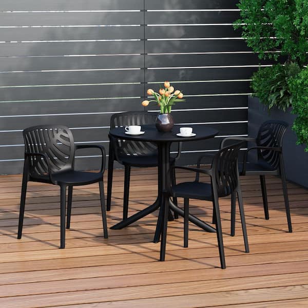 Frond and Form Modern Outdoor Patio Poly Plastic 5-Piece Round Table Dining Set w/ 4-Stackable Chairs in Black