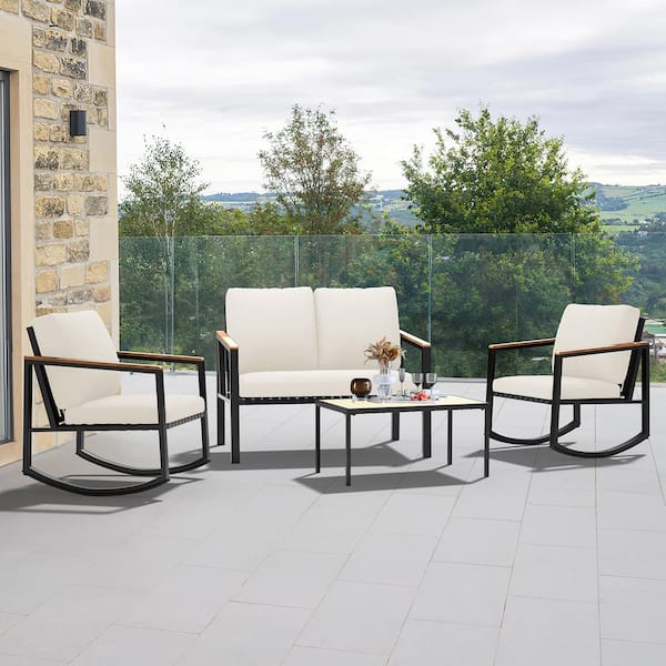 JEAREY 4-Piece Metal Outdoor Beige Patio Conversation Set with Cushions, 2-Rocking Chairs and Coffee Table