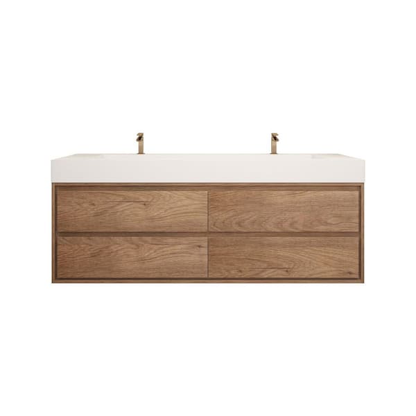 Saggie 71 in. W. x 20 in. D x 28 in. H Double Sink Floating Bath Vanity in Teak Oak with White Acrylic Top