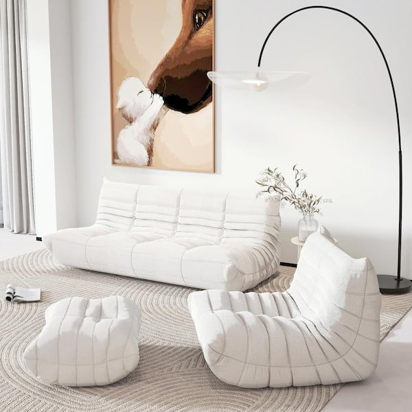 Set of 3 Beige Teddy Velvet Polyester Large (45-72 in.)Fireside Lazy Sofa Rebound Sponge Floor Couch with Chair, Ottoman
