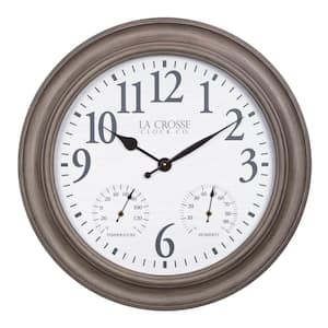 26.2 in. Indoor/Outdoor Brushed Gray Oak Analog Quartz Clock with Temp and Humidity
