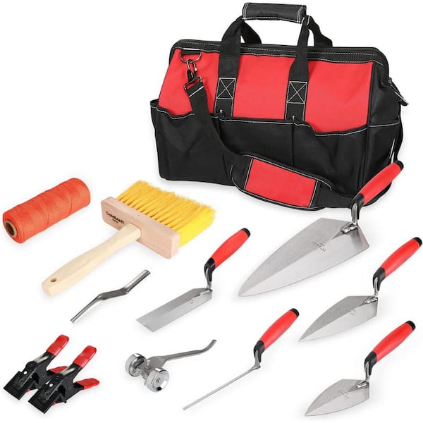 12-PC Masonry Hand Tool Set with Trowels, Joint Raker, Brick Jointer, String Line, Jag-Clamp, Brush, Tool Bag