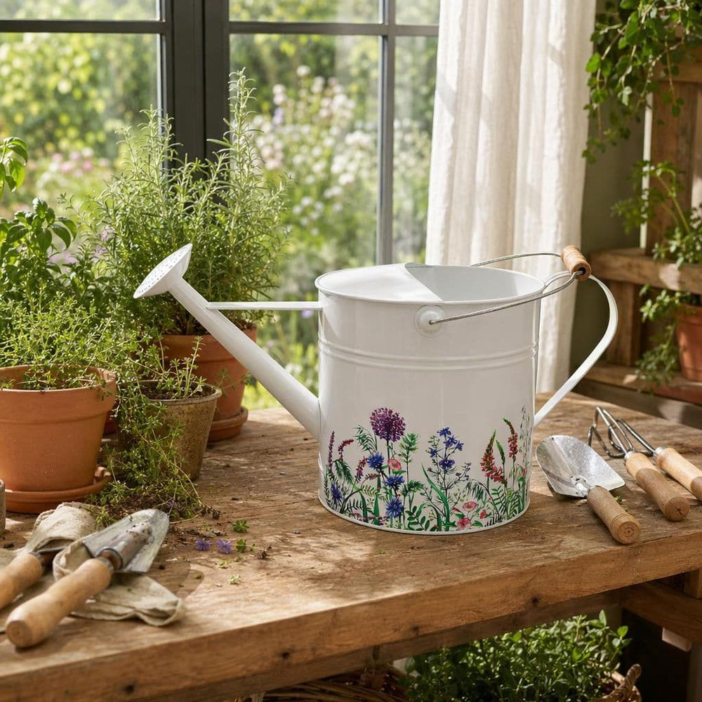 Liv & Skye 20 in. x 10 in. White Metal and Wood Watering Can with
